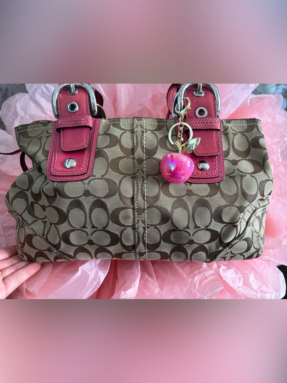 Coach Brown Signature Canvas Shoulder Bag with Pink Trim
